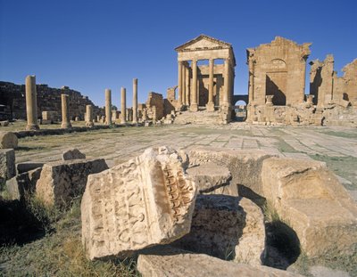 View of the forum with the temples of Jupiter, Juno and Minerva, Sufetula by Roman